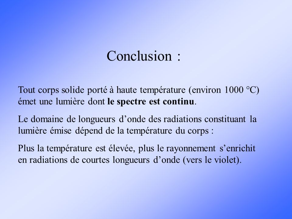 Conclusion : Tout corps solide porté à haute température (environ 1000 °C) émet une lumière dont le spectre est continu.