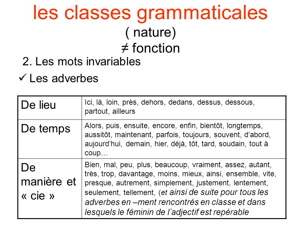 les classes grammaticales ( nature) ≠ fonction