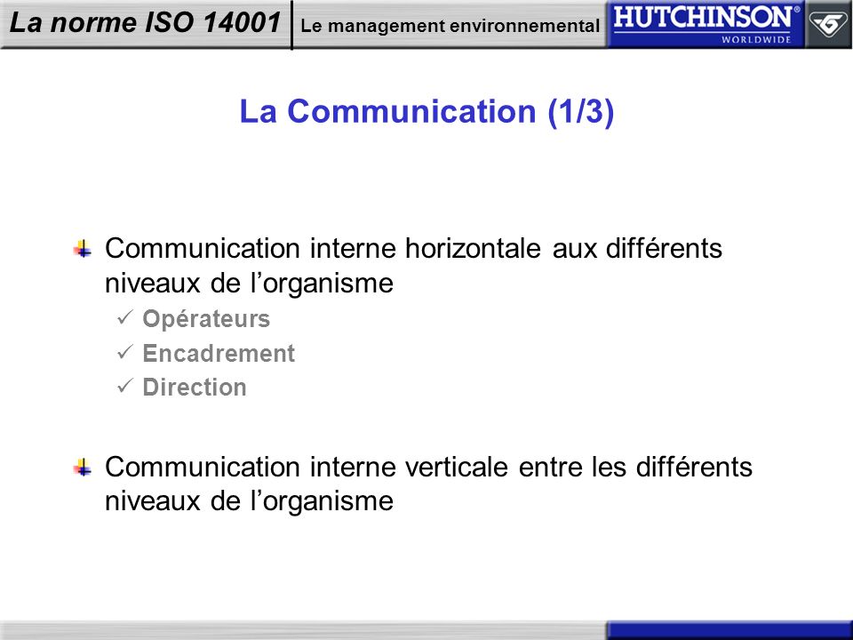 La Communication (1/3) Communication interne horizontale aux différents niveaux de l’organisme. Opérateurs.