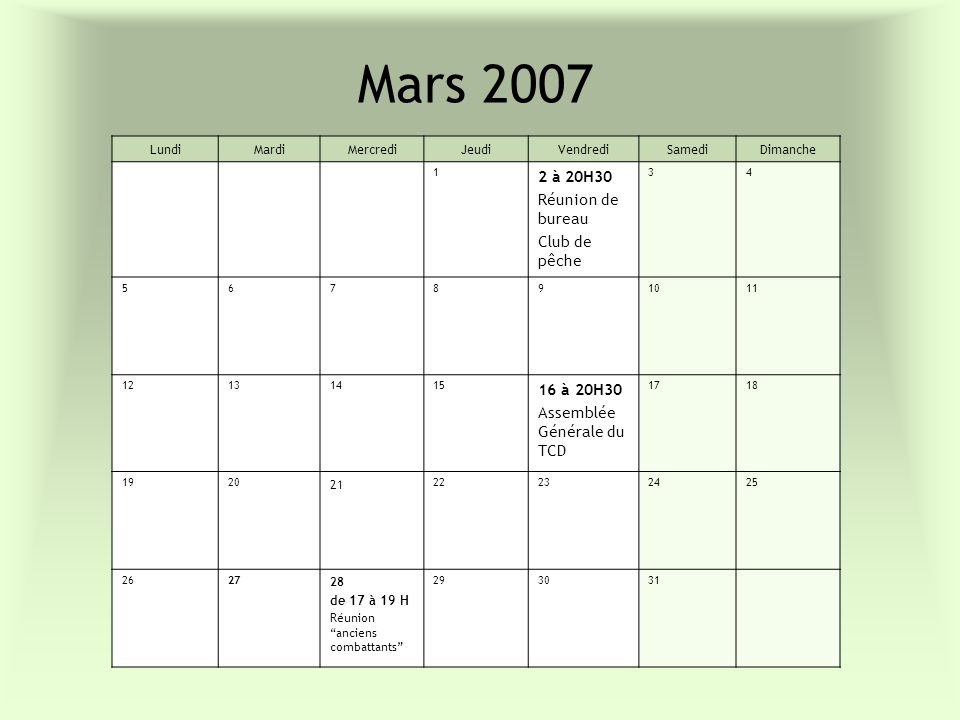 Mars à 20H30 Réunion de bureau Club de pêche 16 à 20H30