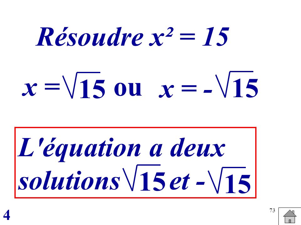 Résoudre x² = 15 x = ou 15 x = - 15 L équation a deux solutions et -