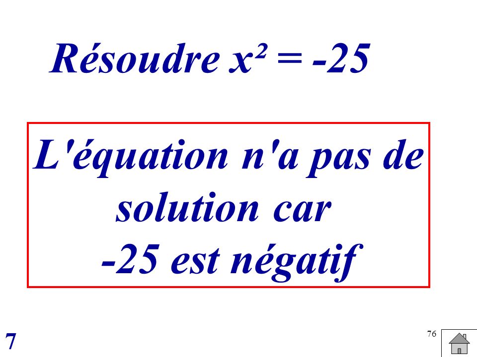 Résoudre x² = -25 L équation n a pas de solution car -25 est négatif