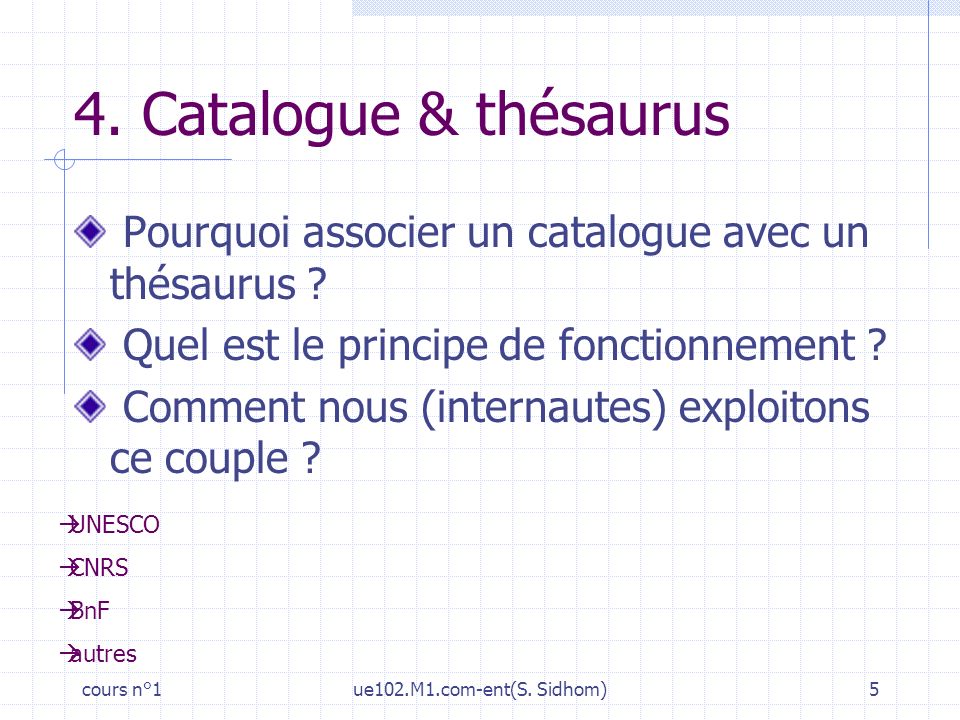 4. Catalogue & thésaurus Pourquoi associer un catalogue avec un thésaurus Quel est le principe de fonctionnement