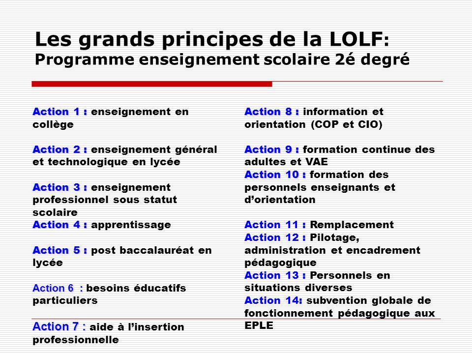 Les grands principes de la LOLF: Programme enseignement scolaire 2é degré