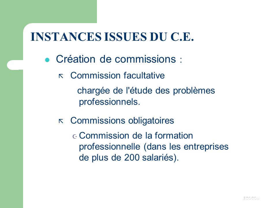 INSTANCES ISSUES DU C.E. Création de commissions :