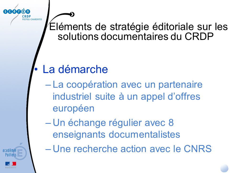 Eléments de stratégie éditoriale sur les solutions documentaires du CRDP
