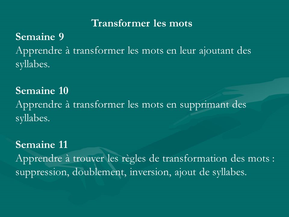 Transformer les mots Semaine 9. Apprendre à transformer les mots en leur ajoutant des syllabes. Semaine 10.