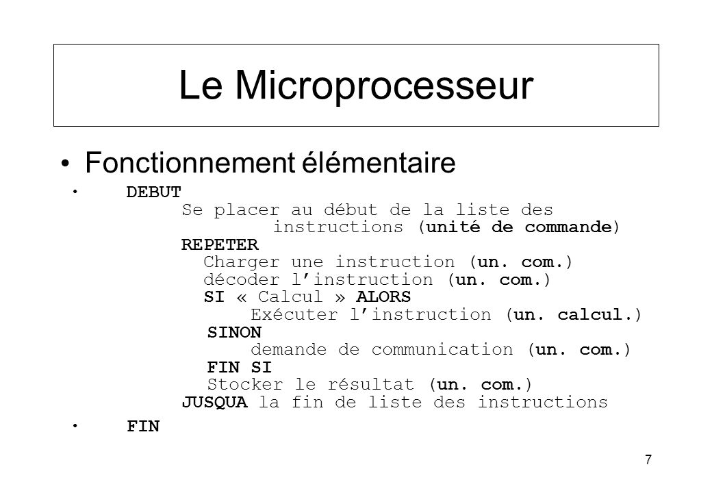 Le Microprocesseur Fonctionnement élémentaire