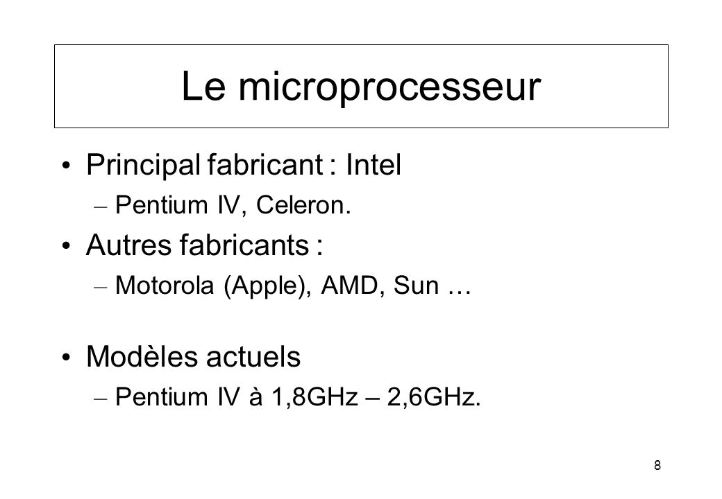 Le microprocesseur Principal fabricant : Intel Autres fabricants :