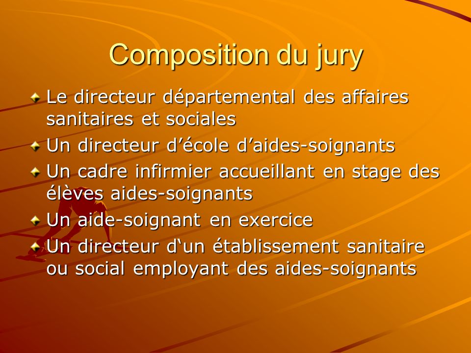 Composition du jury Le directeur départemental des affaires sanitaires et sociales. Un directeur d’école d’aides-soignants.