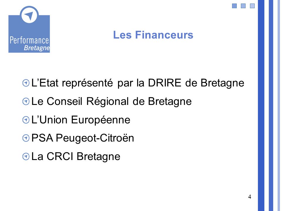 Les Financeurs L’Etat représenté par la DRIRE de Bretagne. Le Conseil Régional de Bretagne. L’Union Européenne.