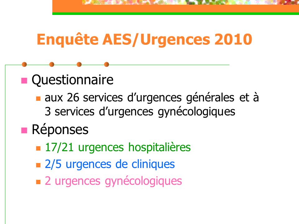 Enquête AES/Urgences 2010 Questionnaire Réponses