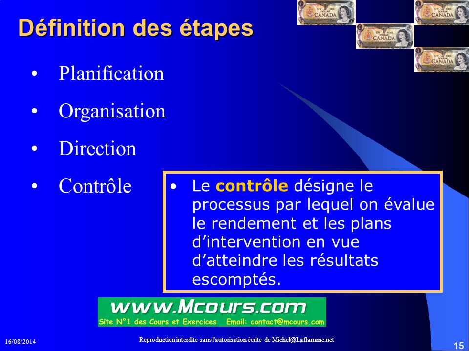 Définition des étapes Planification Organisation Direction Contrôle