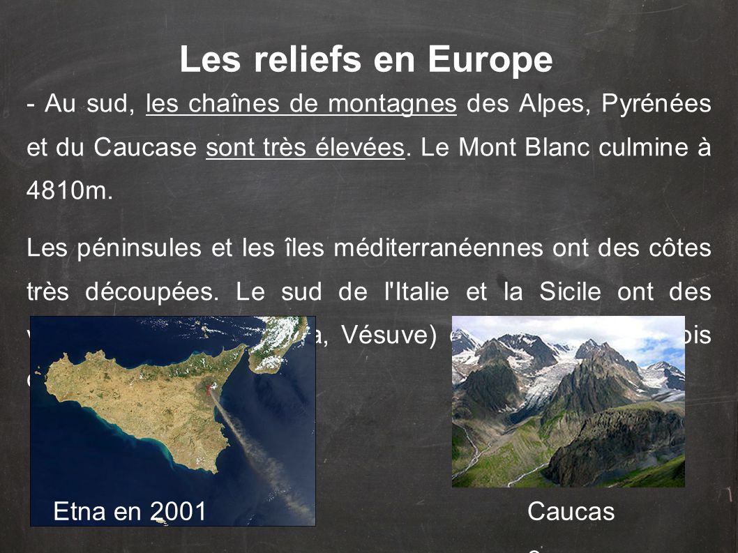 Les reliefs en Europe - Au sud, les chaînes de montagnes des Alpes, Pyrénées et du Caucase sont très élevées. Le Mont Blanc culmine à 4810m.