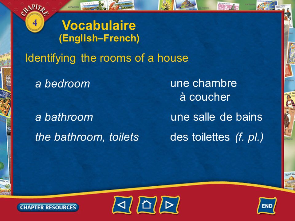 Vocabulaire Identifying the rooms of a house a bedroom une chambre