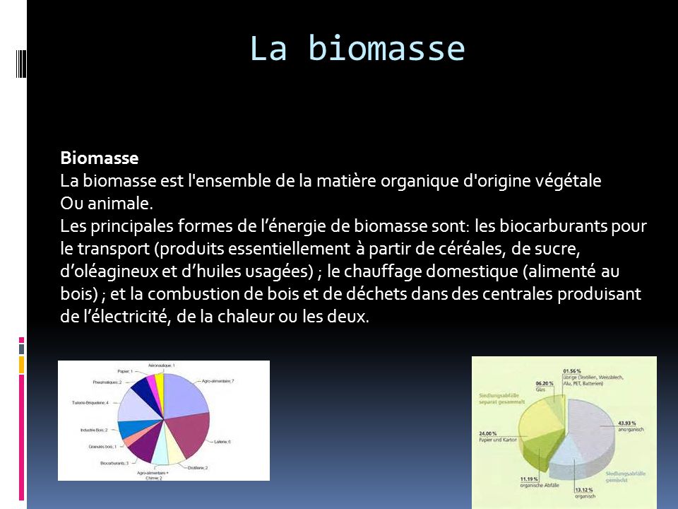 La biomasse Biomasse. La biomasse est l ensemble de la matière organique d origine végétale.