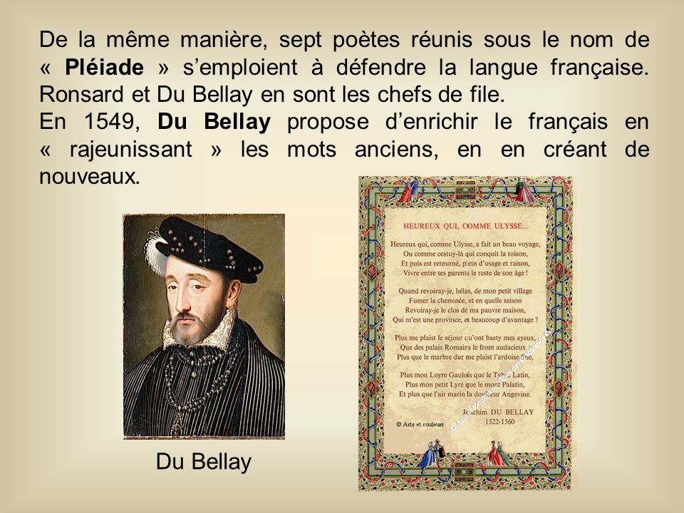 De la même manière, sept poètes réunis sous le nom de « Pléiade » s’emploient à défendre la langue française. Ronsard et Du Bellay en sont les chefs de file.