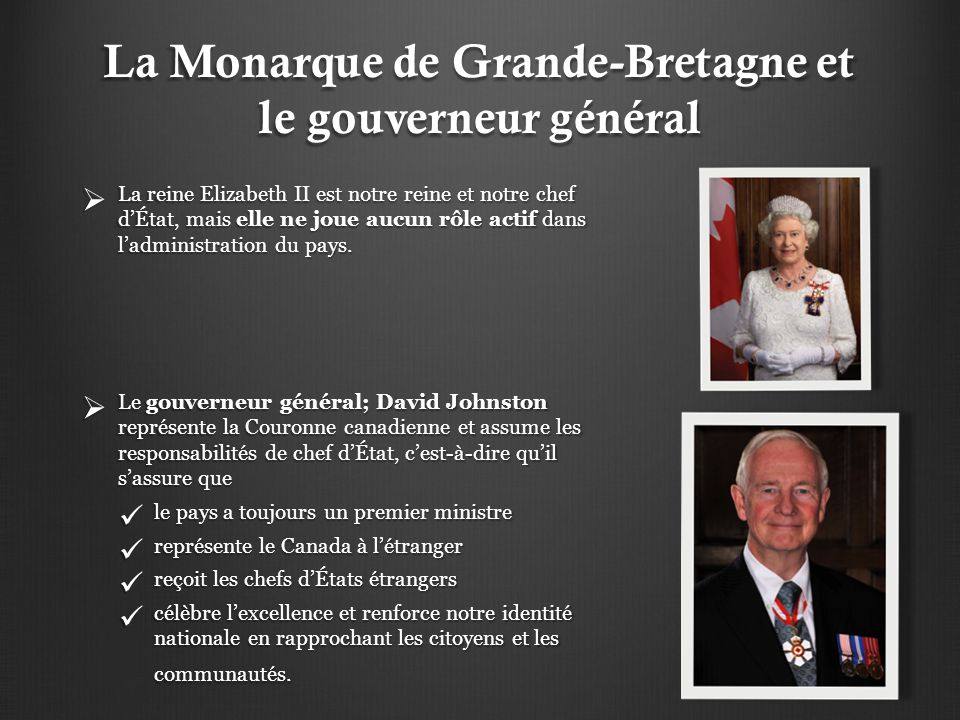 La Monarque de Grande-Bretagne et le gouverneur général