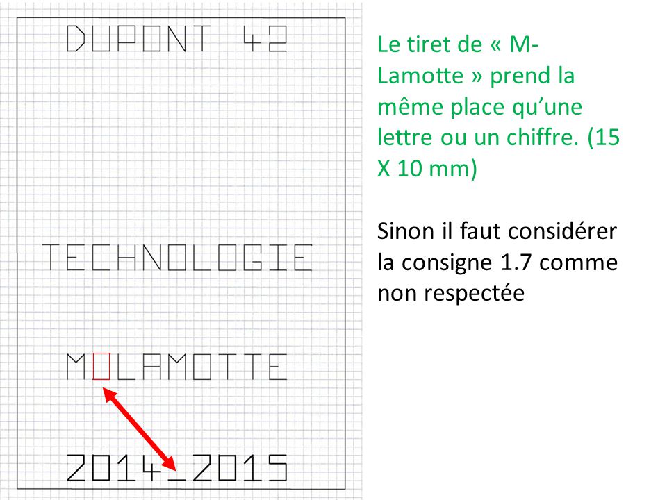 Le tiret de « M-Lamotte » prend la même place qu’une lettre ou un chiffre. (15 X 10 mm)