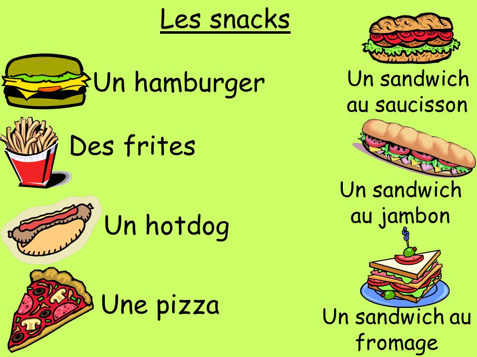 Les snacks Un hamburger Des frites Un hotdog Une pizza
