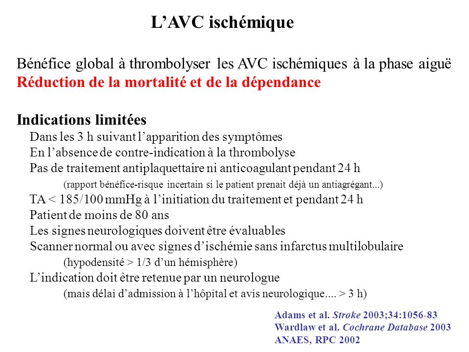 L’AVC ischémique Bénéfice global à thrombolyser les AVC ischémiques à la phase aiguë. Réduction de la mortalité et de la dépendance.