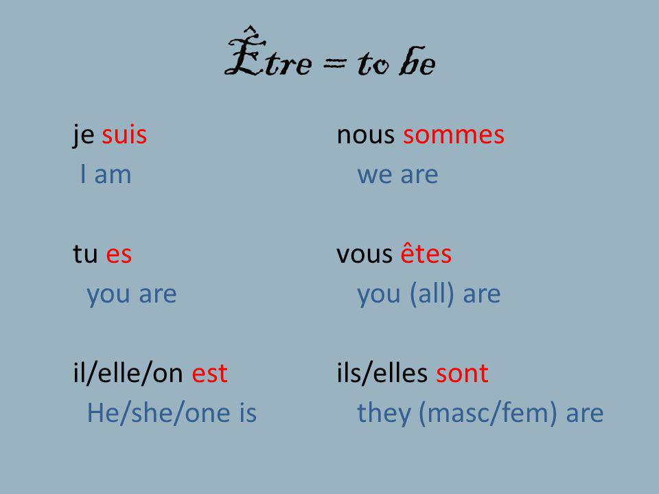 Être = to be I am we are tu es vous êtes you are you (all) are