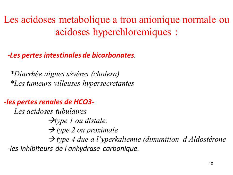 Les acidoses metabolique a trou anionique normale ou acidoses hyperchloremiques :