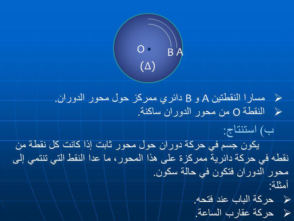 ب) استنتاج: O B A (∆) مسارا النقطتين AوB دائري ممركز حول محور الدوران.