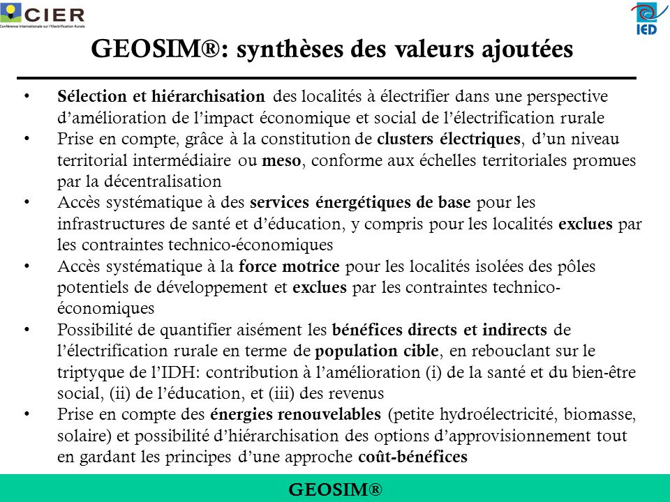 GEOSIM®: synthèses des valeurs ajoutées