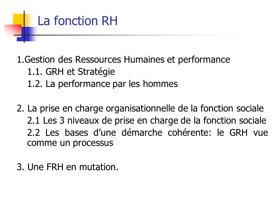La fonction RH 1.Gestion des Ressources Humaines et performance