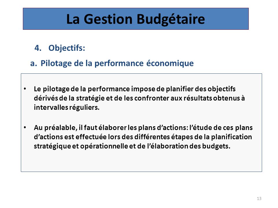La Gestion Budgétaire Objectifs: Pilotage de la performance économique