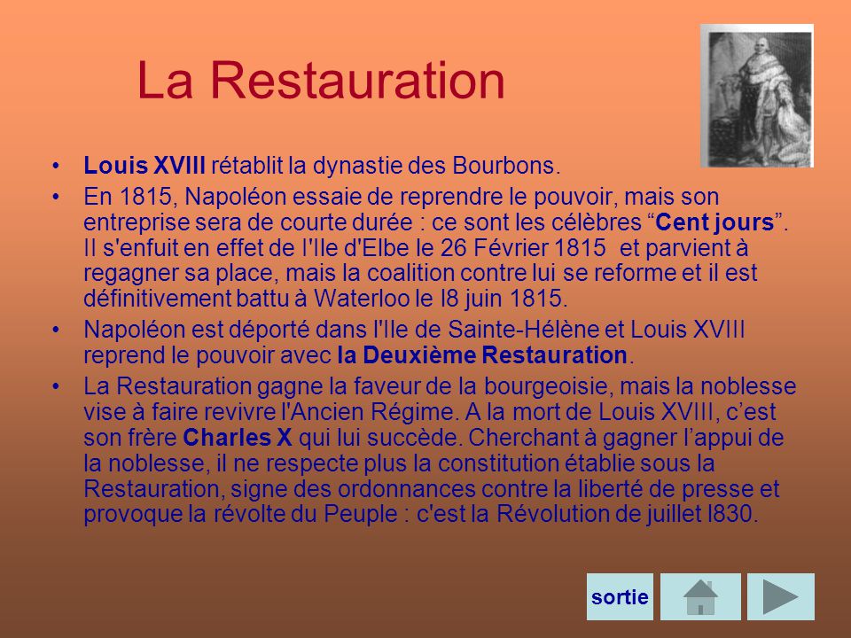La Restauration Louis XVIII rétablit la dynastie des Bourbons.
