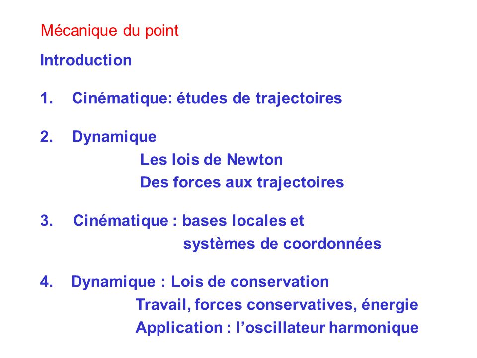 Mécanique du point Introduction. Cinématique: études de trajectoires. Dynamique. Les lois de Newton.