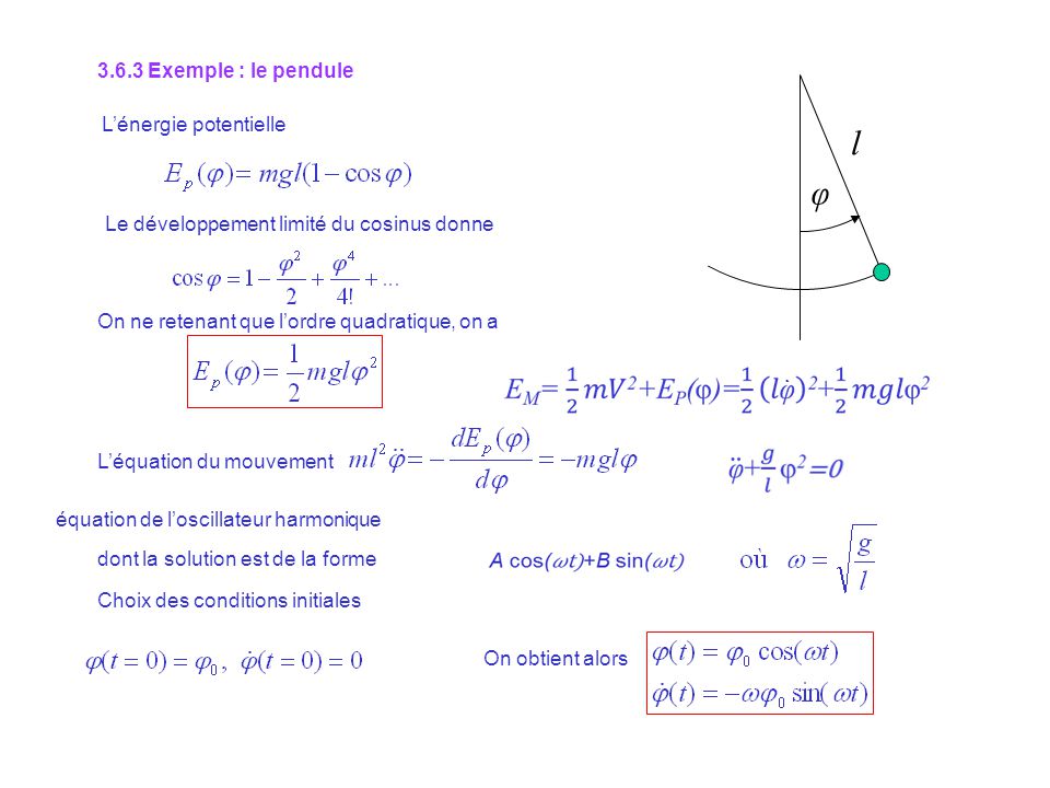l φ Exemple : le pendule L’énergie potentielle
