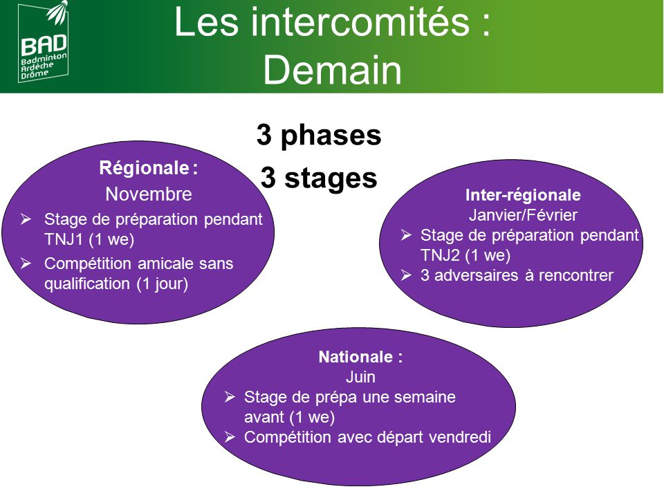 Les intercomités : Demain 3 phases 3 stages Régionale : Novembre