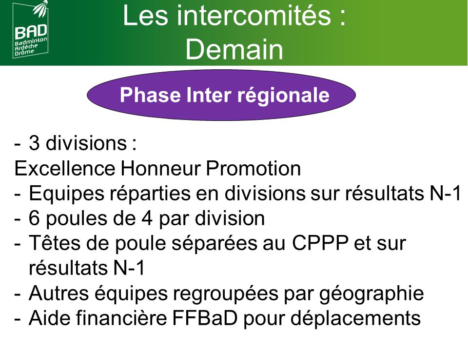 Les intercomités : Demain Phase Inter régionale 3 divisions :