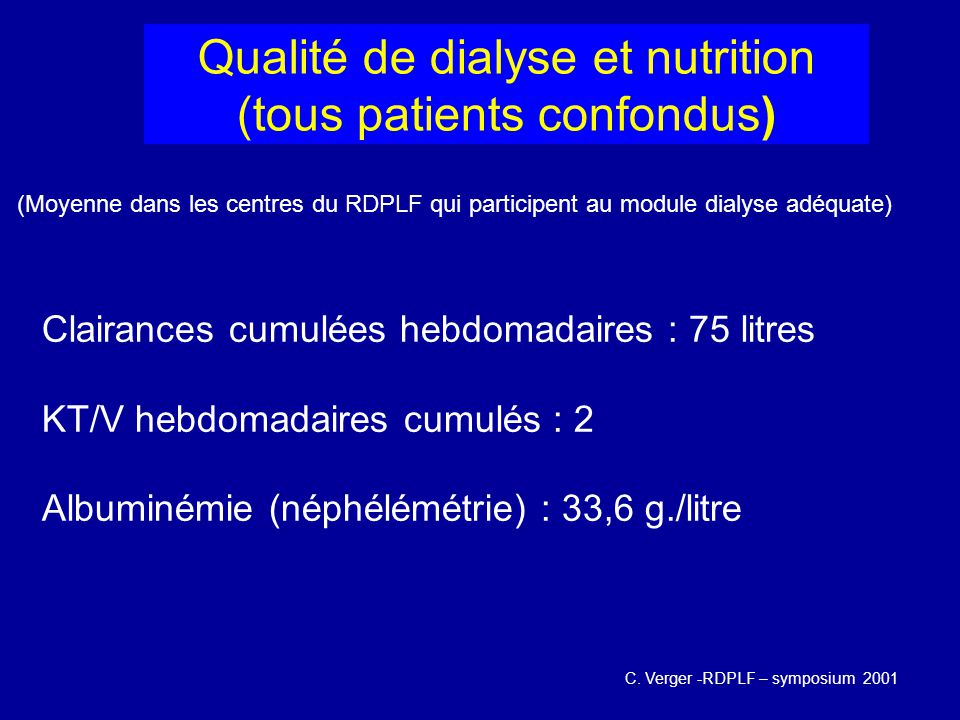 Qualité de dialyse et nutrition (tous patients confondus)