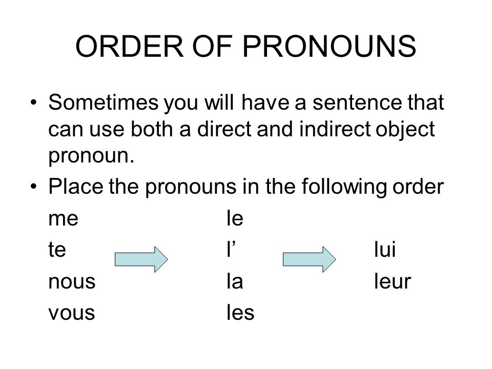 ORDER OF PRONOUNS Sometimes you will have a sentence that can use both a direct and indirect object pronoun.