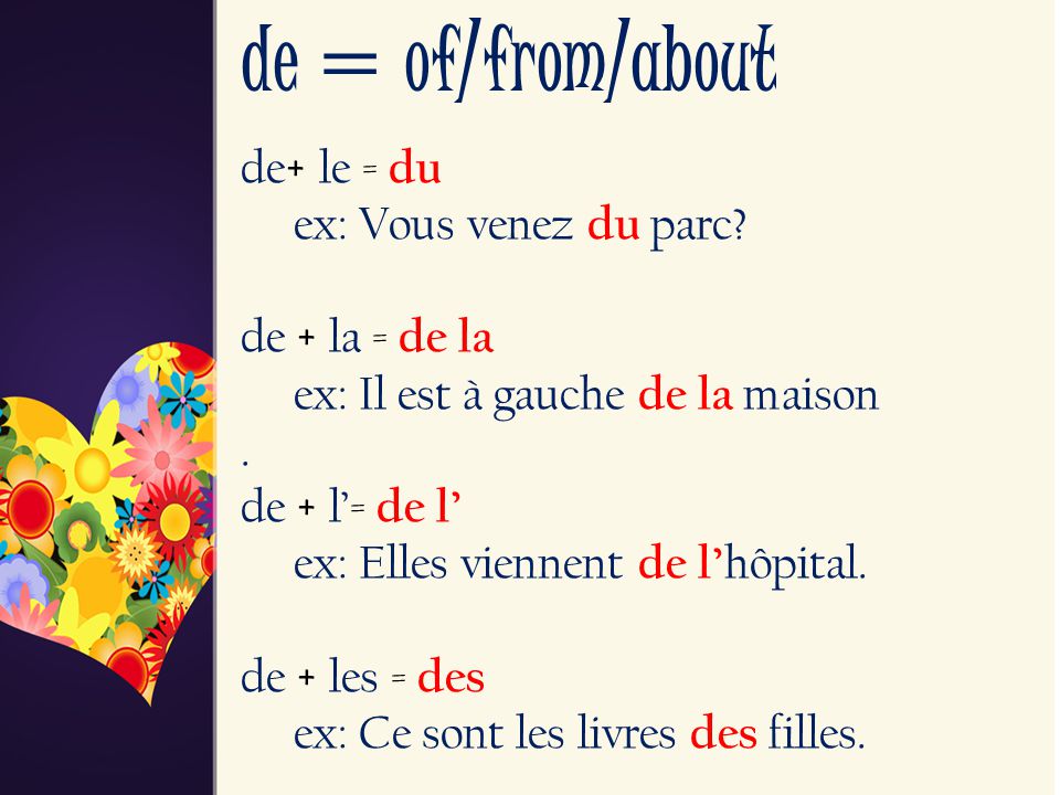 de = of/from/about