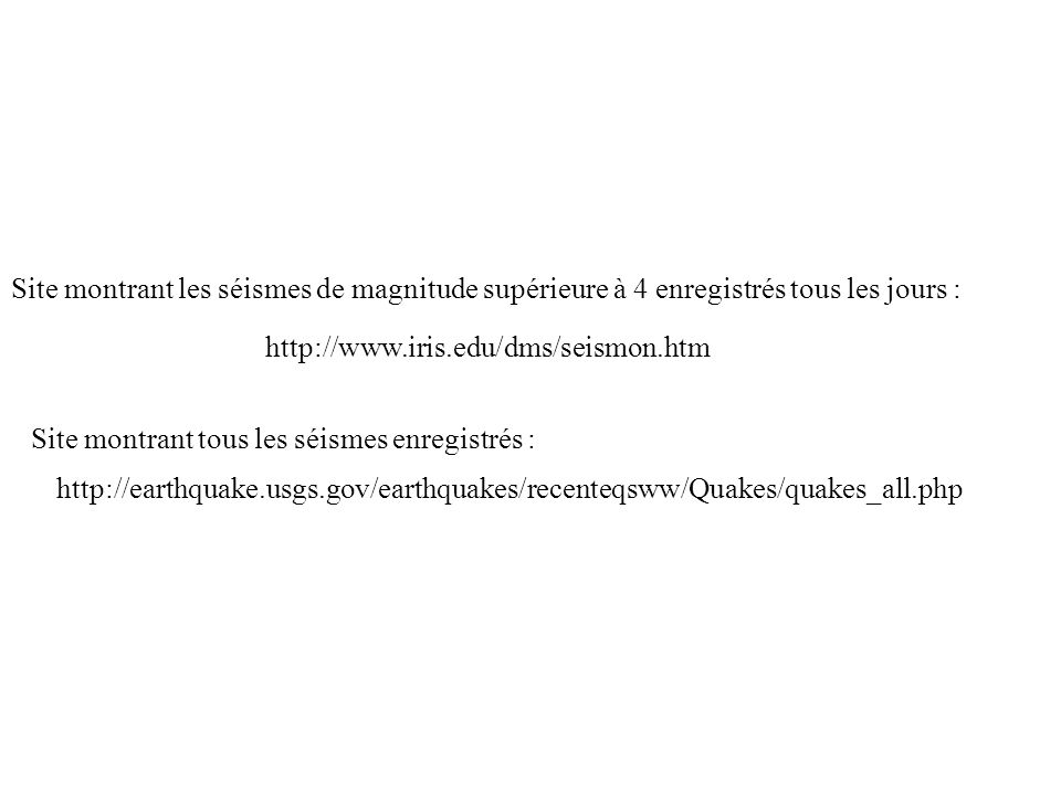 Site montrant les séismes de magnitude supérieure à 4 enregistrés tous les jours :
