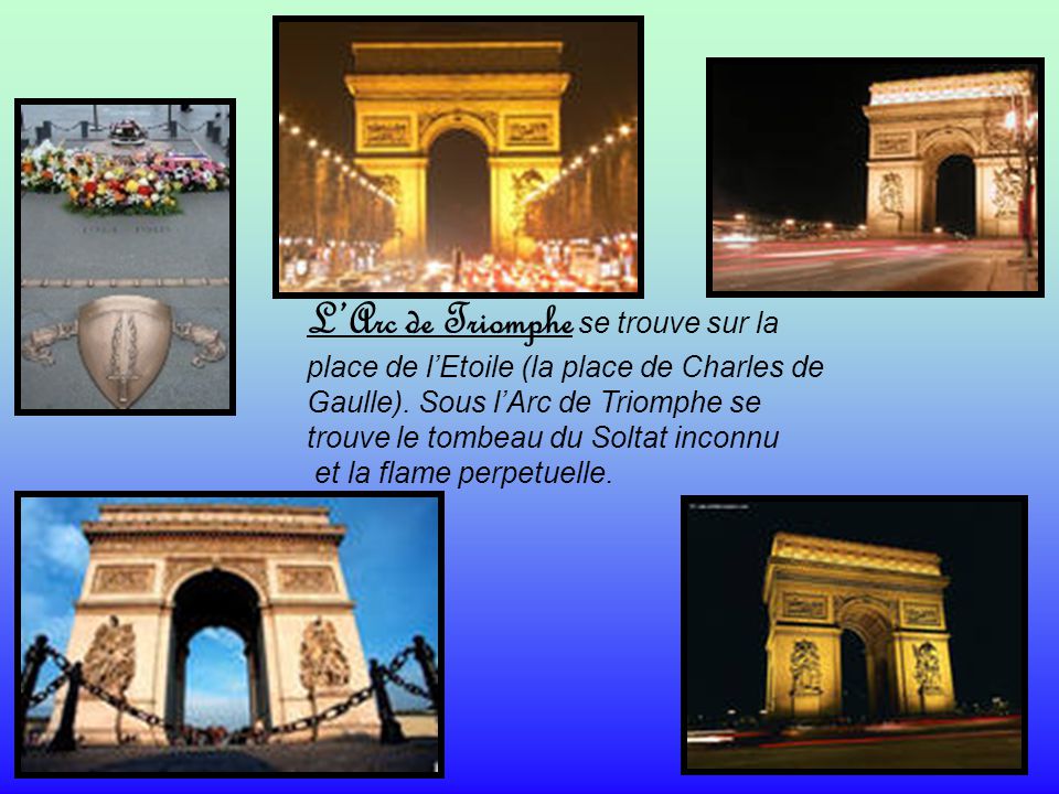L’Arc de Triomphe se trouve sur la place de l’Etoile (la place de Charles de Gaulle). Sous l’Arc de Triomphe se trouve le tombeau du Soltat inconnu