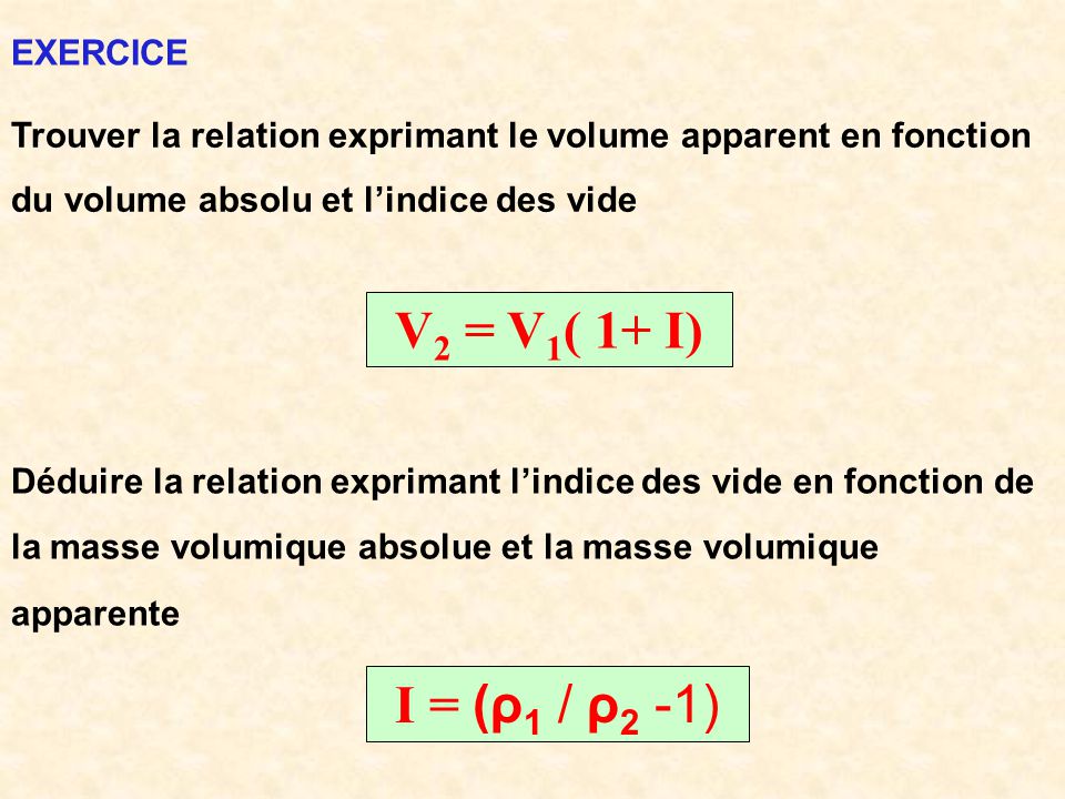 V2 = V1( 1+ I) I = (ρ1 / ρ2 -1) EXERCICE