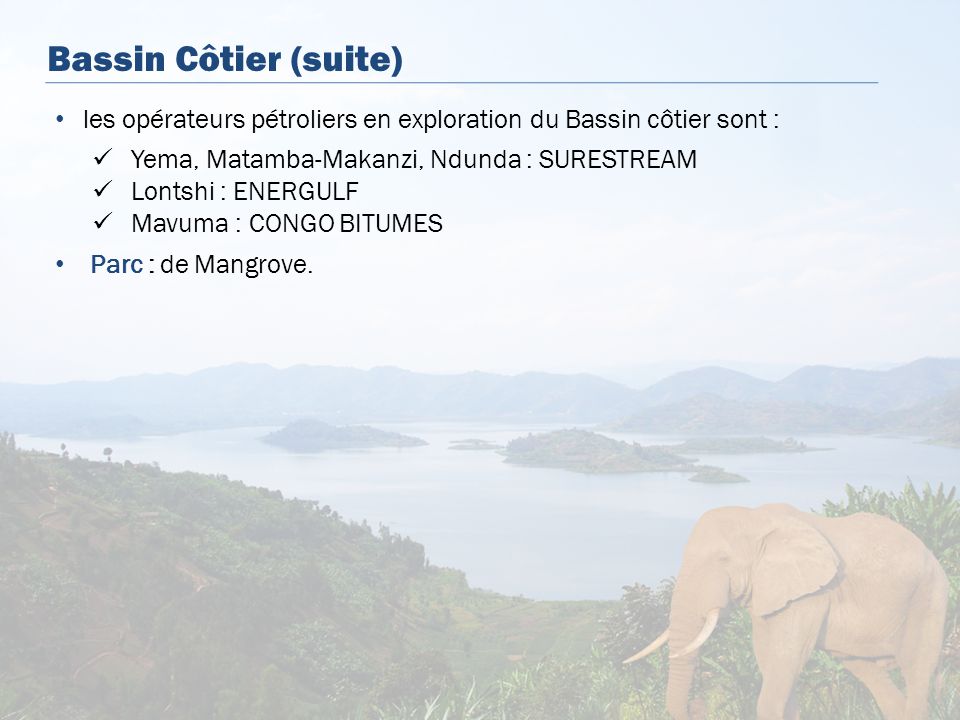 Bassin Côtier (suite) les opérateurs pétroliers en exploration du Bassin côtier sont : Yema, Matamba-Makanzi, Ndunda : SURESTREAM.