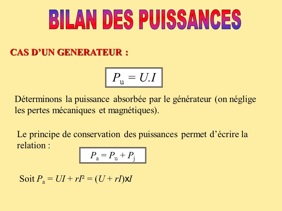 BILAN DES PUISSANCES Pu = U.I CAS D’UN GENERATEUR :