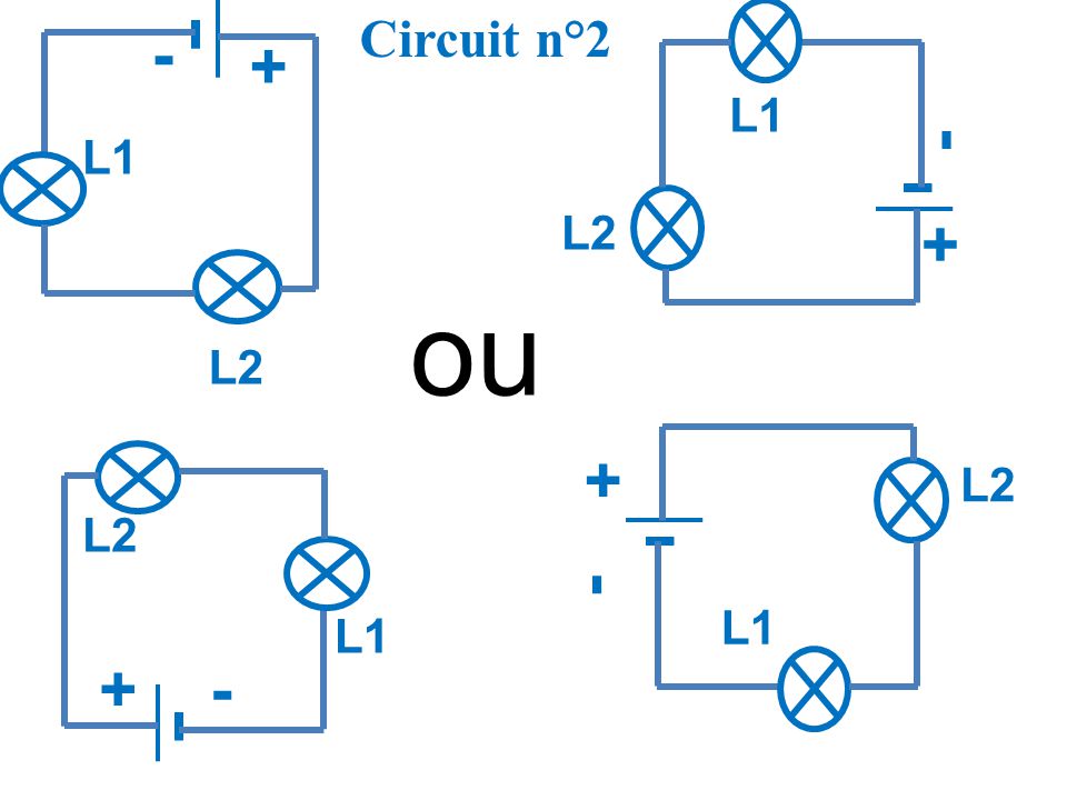 Circuit n°2 + - L1 L1 + - L2 ou L2 L2 + - L2 L1 L1 + -