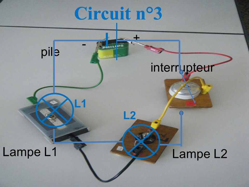 pile Lampe L1 + - Lampe L2 interrupteur Circuit n°3 Circuit n°3 L1 L2