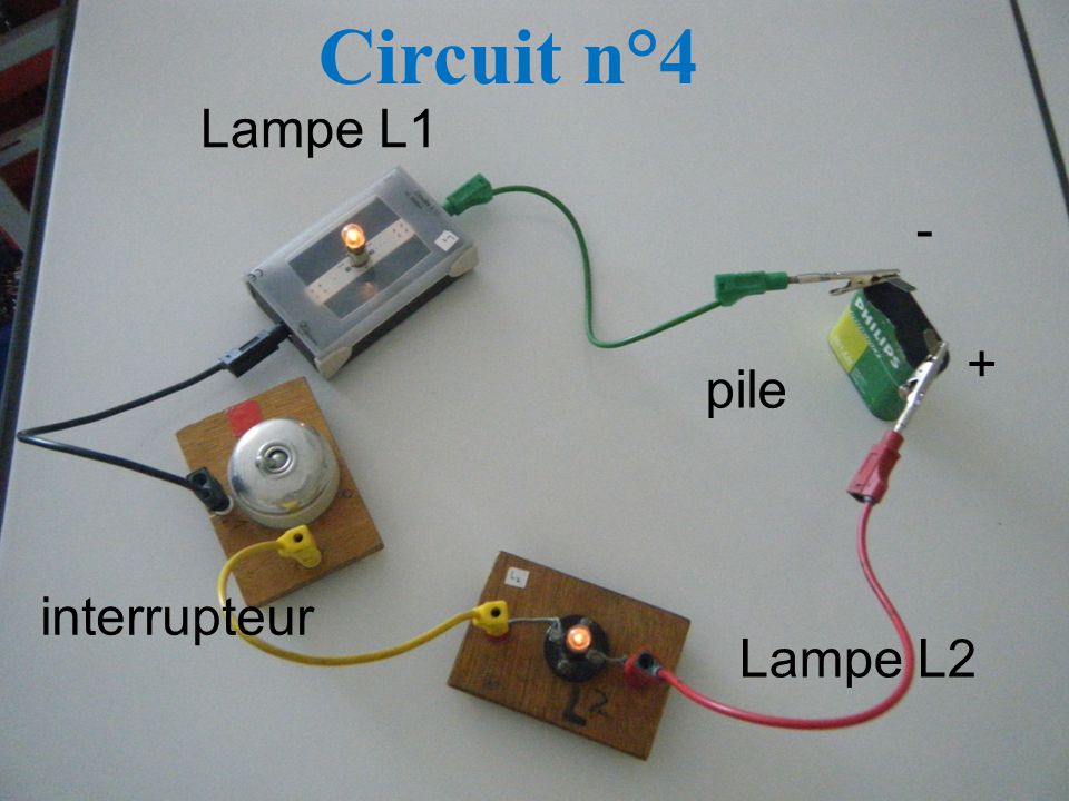 pile Lampe L1 + - Lampe L2 interrupteur Circuit n°4