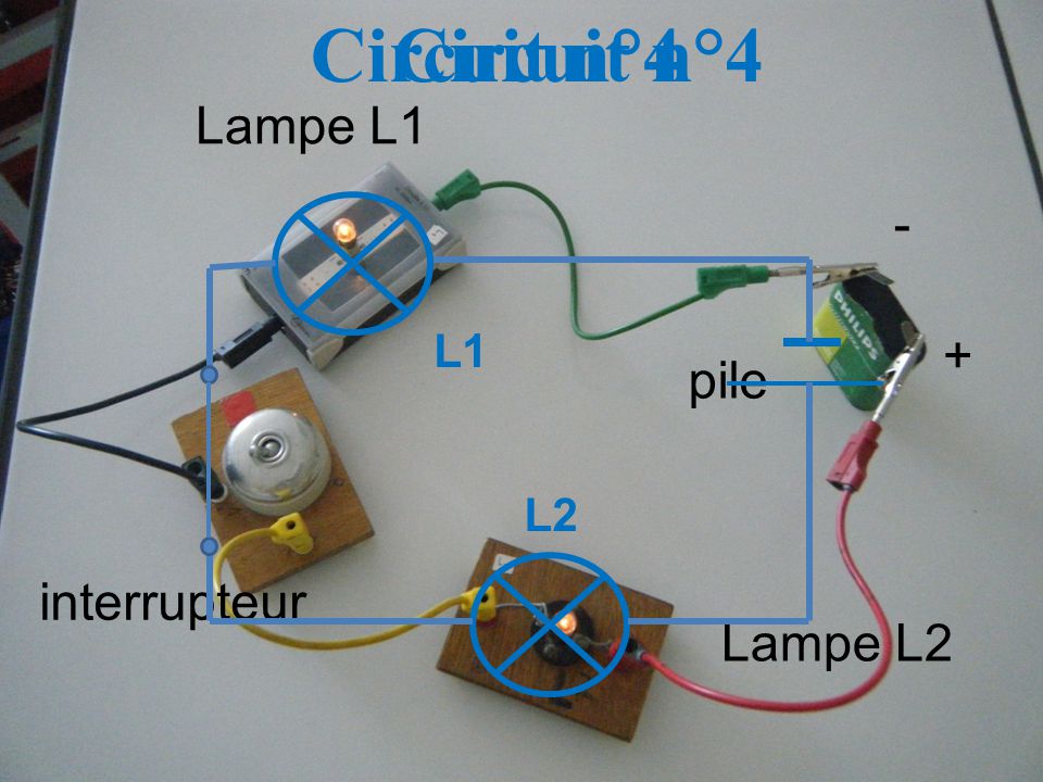 pile Lampe L1 + - Lampe L2 interrupteur Circuit n°4 Circuit n°4 L1 L2
