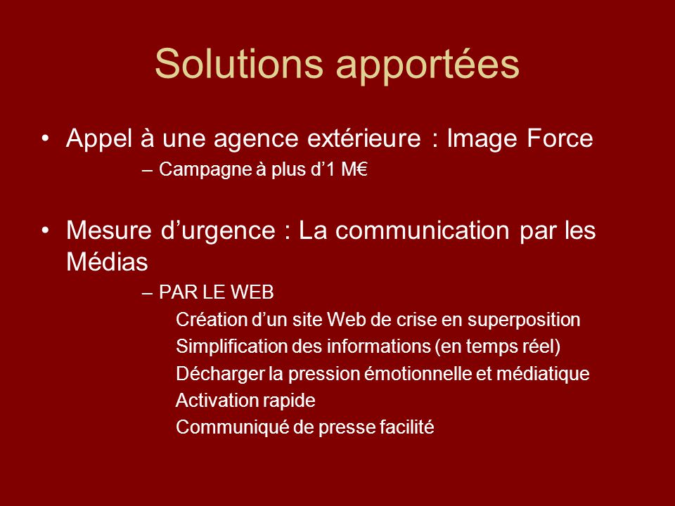 Solutions apportées Appel à une agence extérieure : Image Force