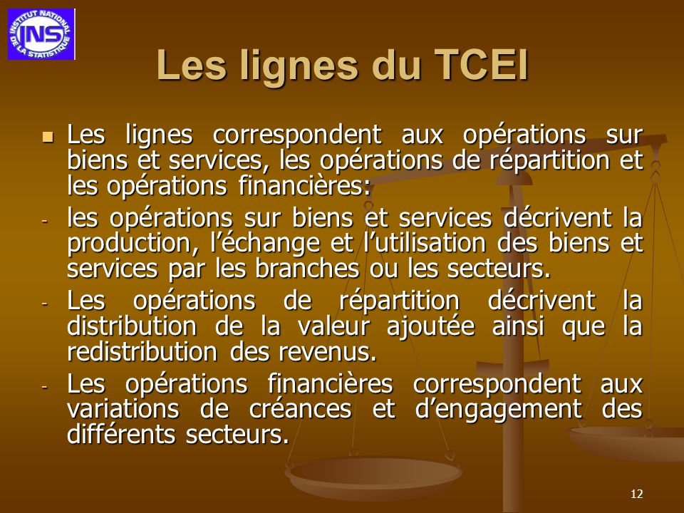 Les lignes du TCEI Les lignes correspondent aux opérations sur biens et services, les opérations de répartition et les opérations financières: